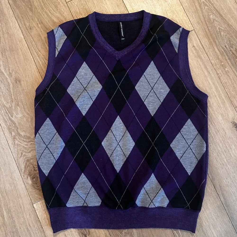 Leonardo Gavino Mens XXL Argyle Sweater Vest Purple Black Grey V-Neck Knit